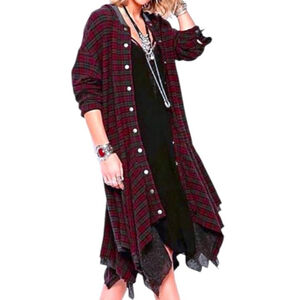 Women's Free People Plaid Long Sleeve distressed hem Dress M Red Green